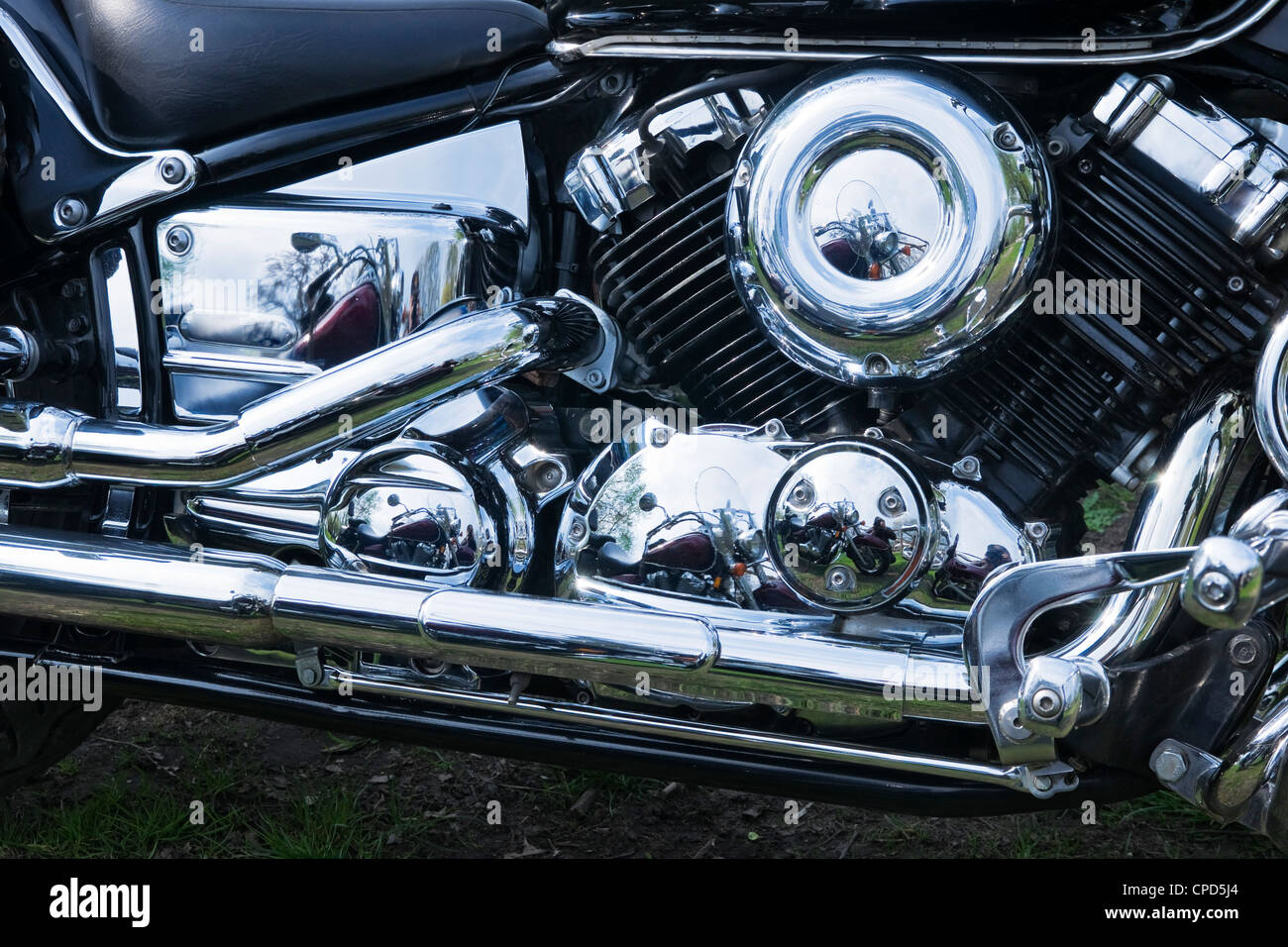 Chromed motorcycle engine close-up Stock Photo