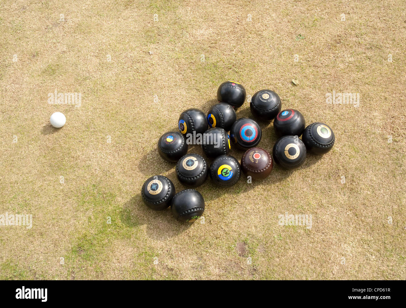 sets of lawn bowling bowls and a jack Stock Photo Alamy