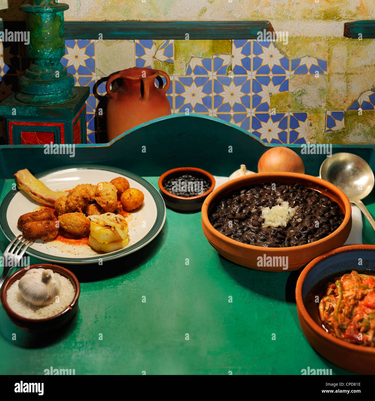 Detail of typical cuban dishes on tropical kitchen Stock Photo