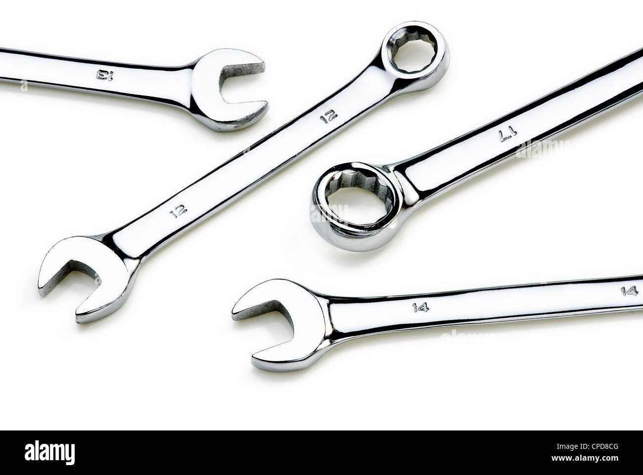 Open ended and ring spanners on a white background. Stock Photo