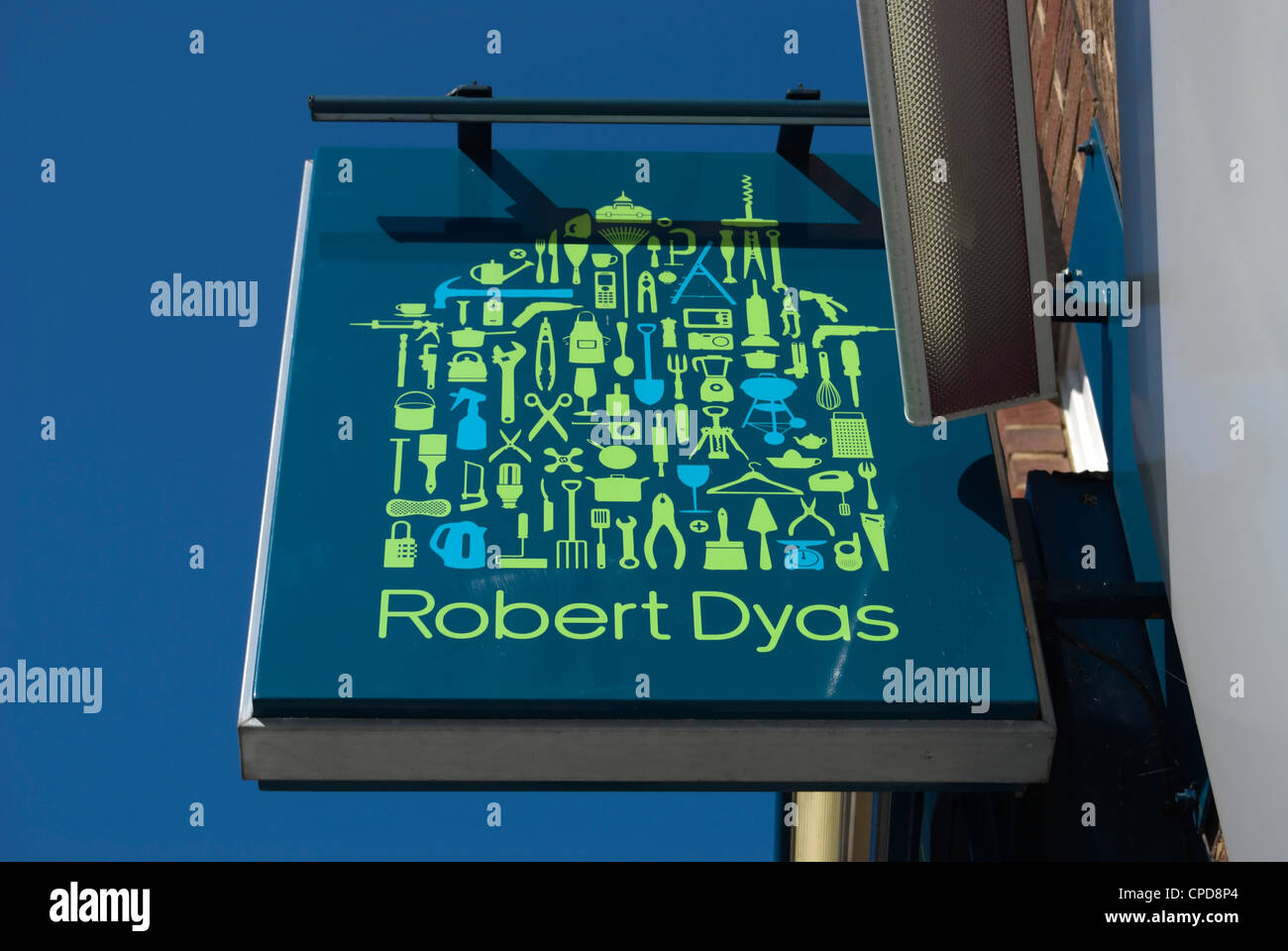 hanging sign with logo at a branch of robert dyas, ironmongers, east sheen, southwest london, england Stock Photo