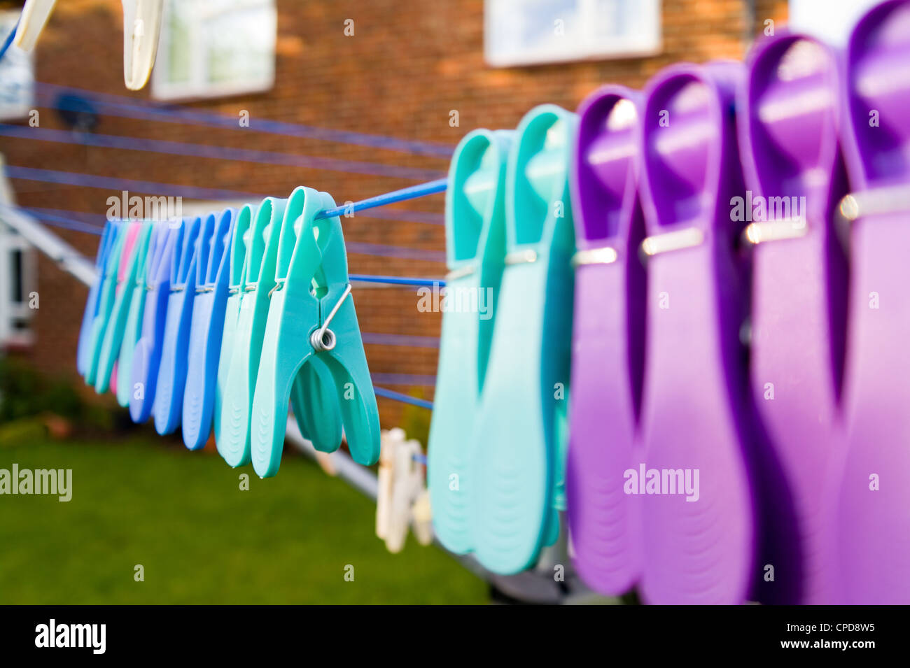 Clothes pegs on a washing line Stock Photo Alamy