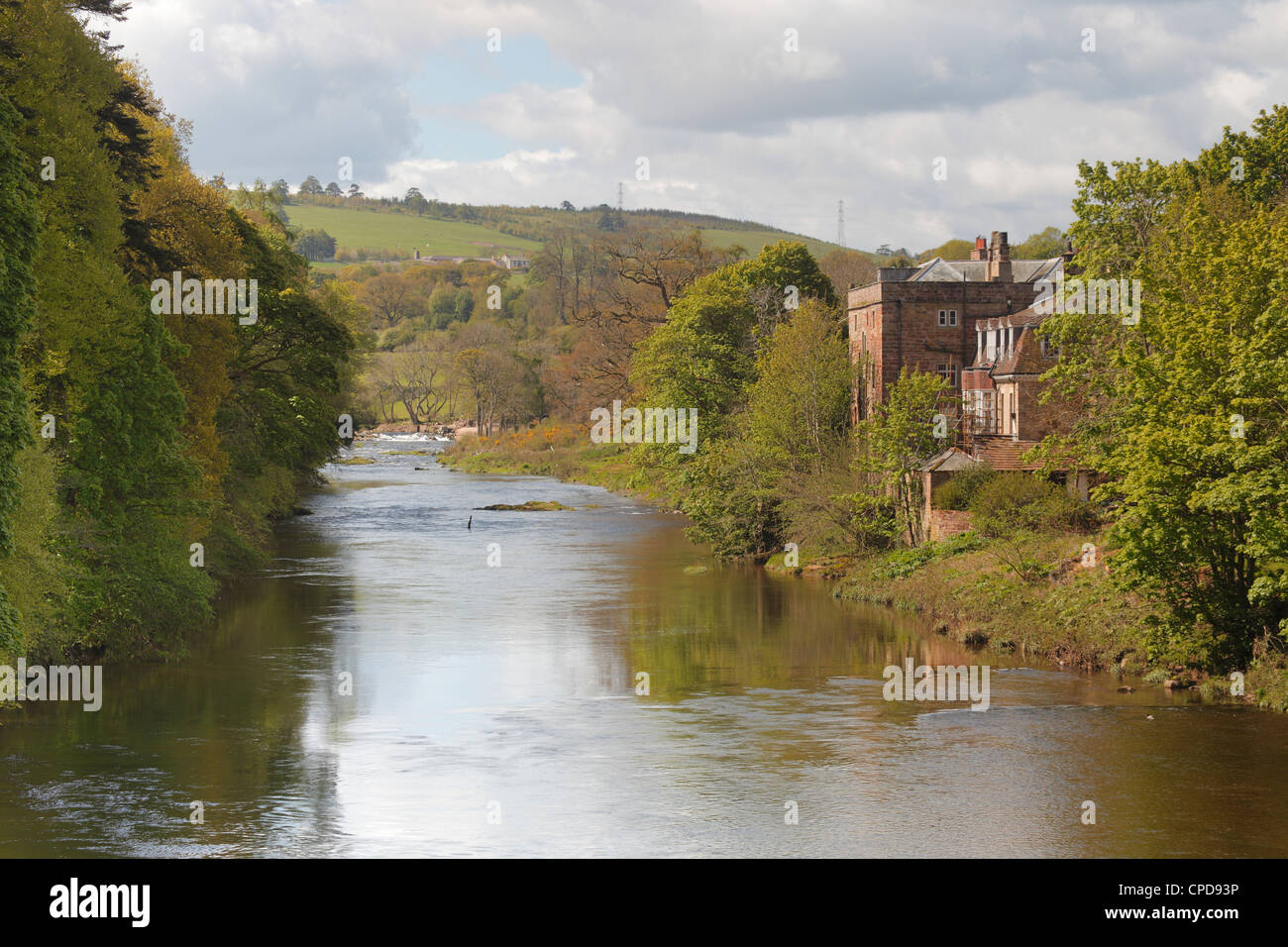 River Eden looking south up stream to Armathwaite Place at Armathwaite, Cumbria, England, UK Stock Photo