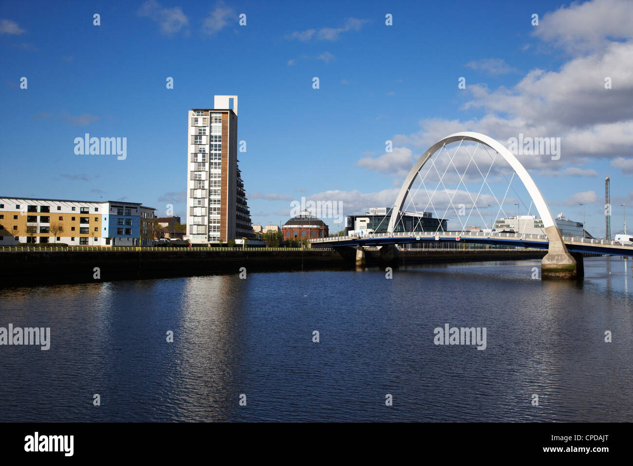 The Clyde Arc bridge over the river clyde and riverside apartments in Glasgow Scotland UK Stock Photo