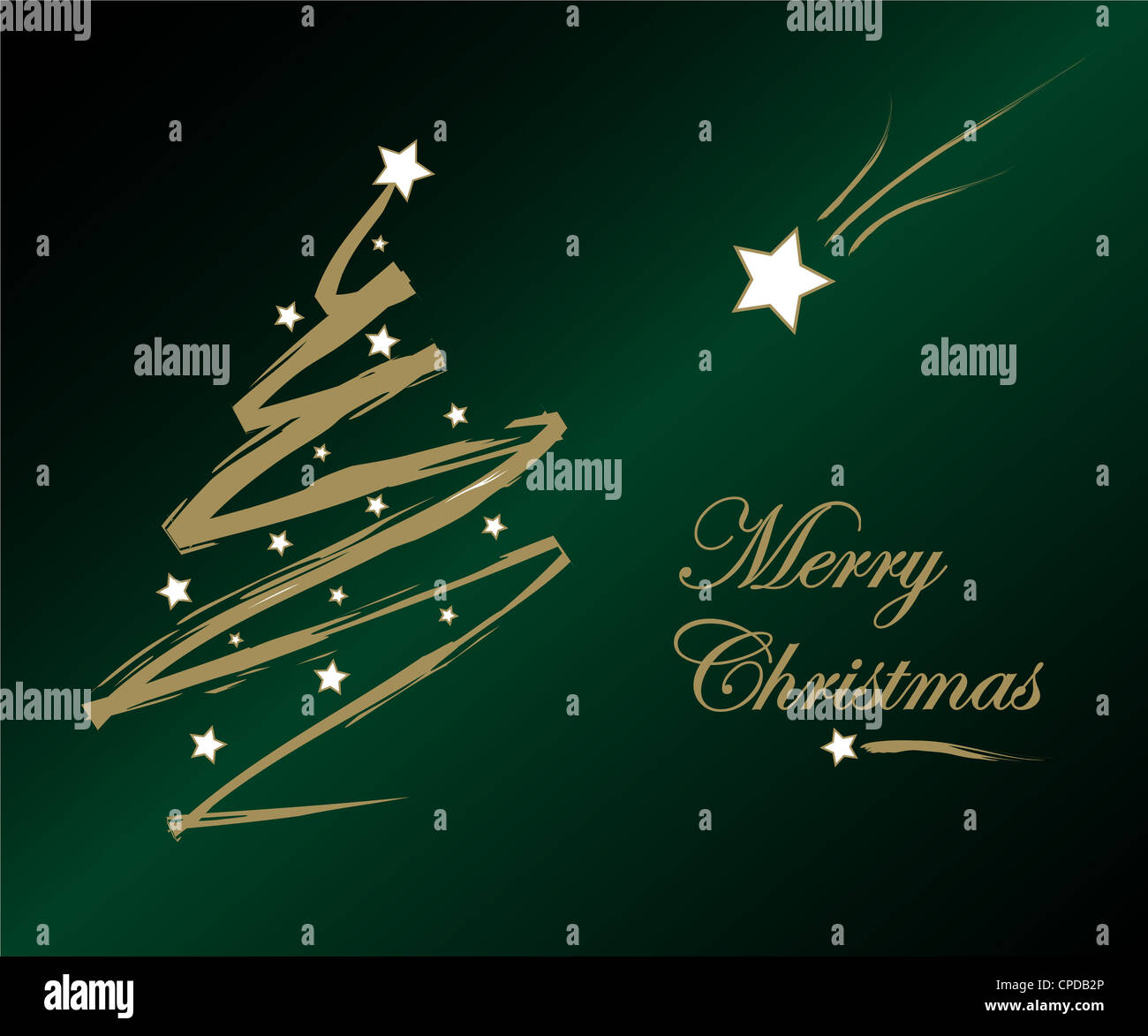 Merry Christmas greetings in gold on green background Stock Photo