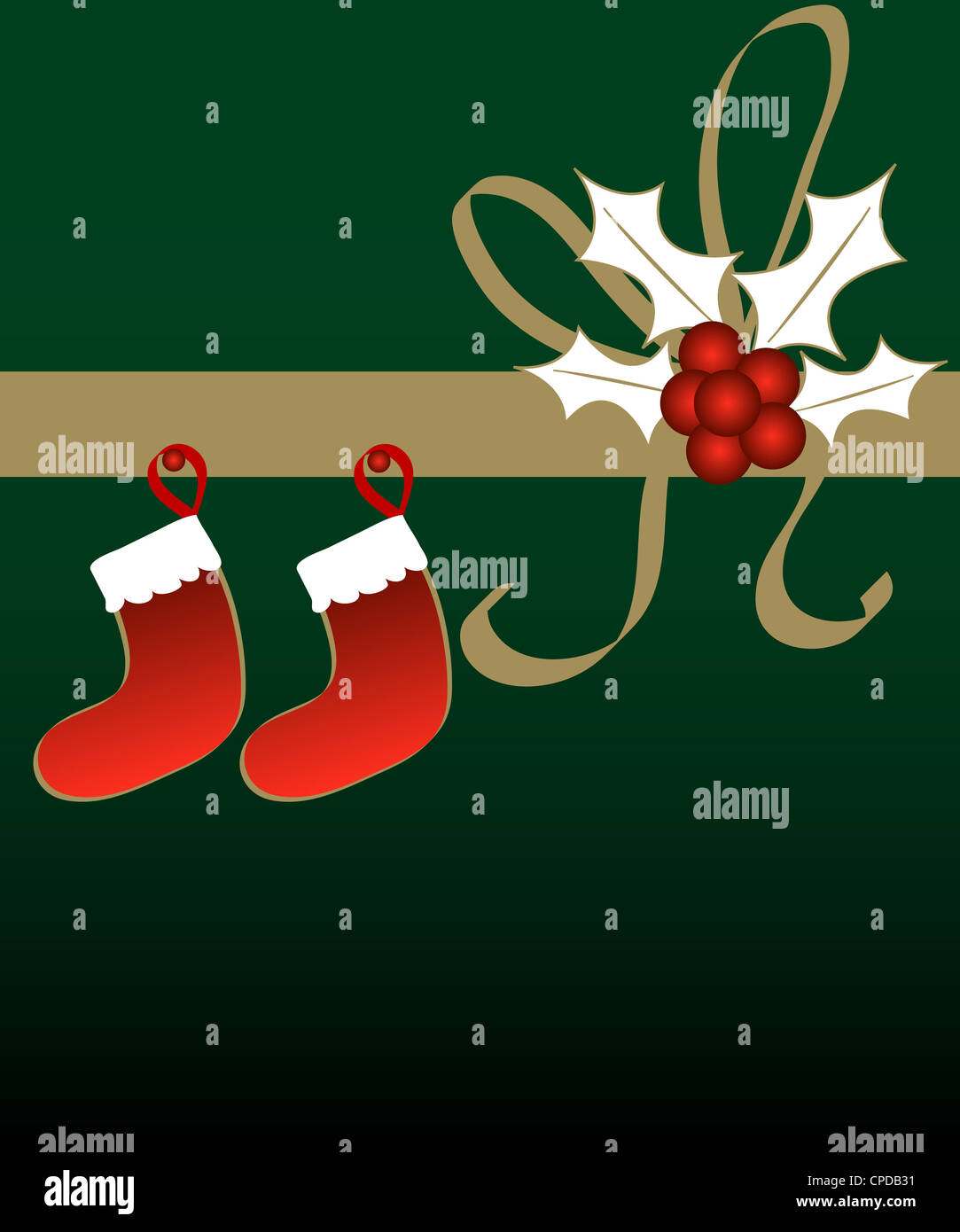 Christmas holly, stockings and ribbon on green background Stock Photo