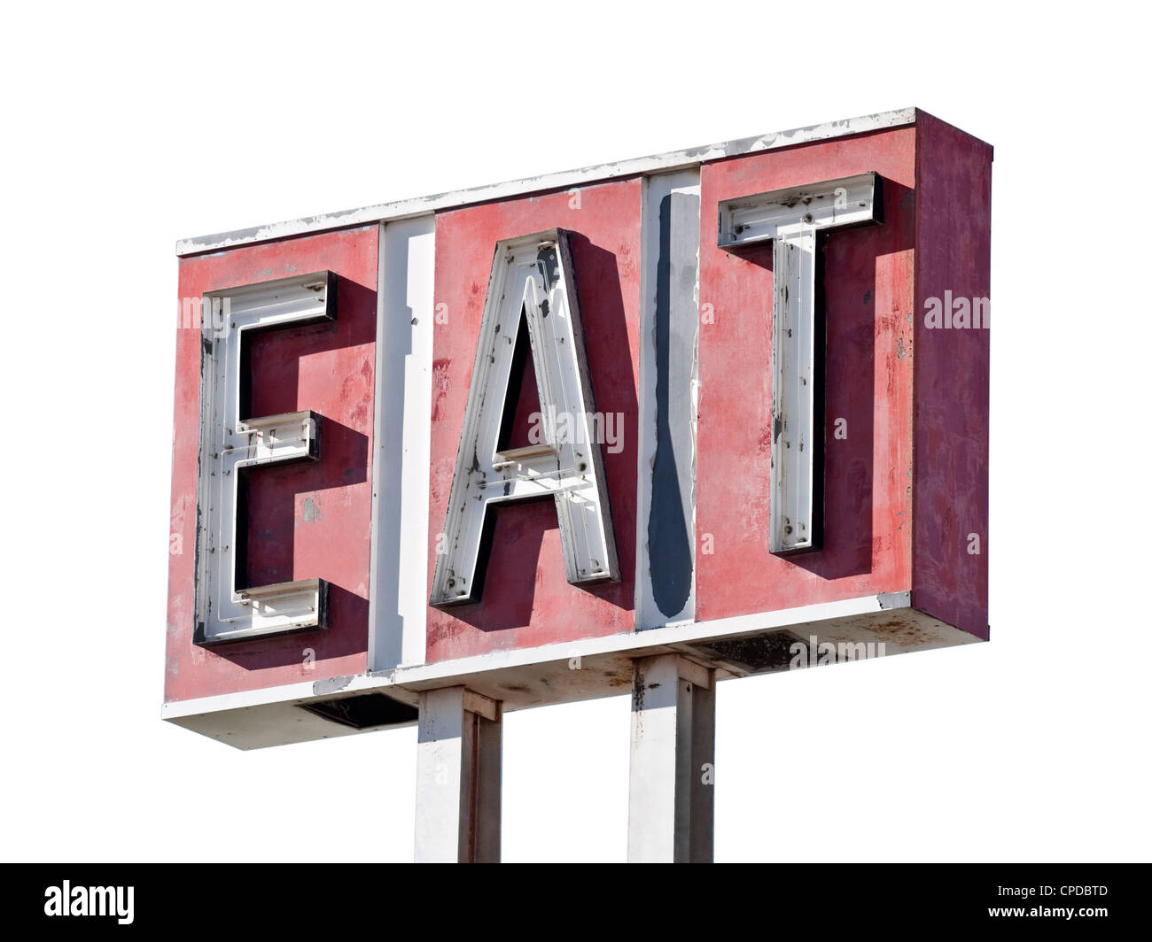 Vintage decayed neon eat sign isolated. Stock Photo