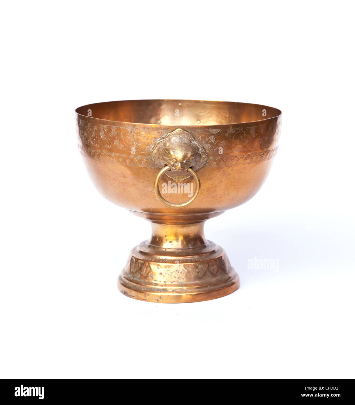 Old antique vintage gold, brass bowl, on white background Stock Photo