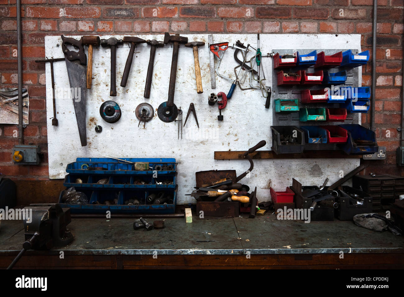Shipyard engineer's workbench with assorted tools lying about Stock