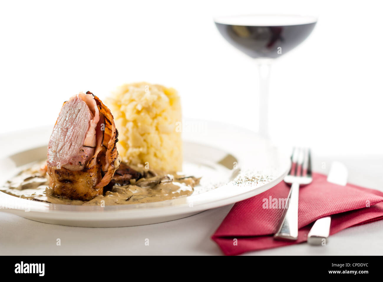 Delicious sirloin steak with mushroom and mashed potatoes and red wine ...
