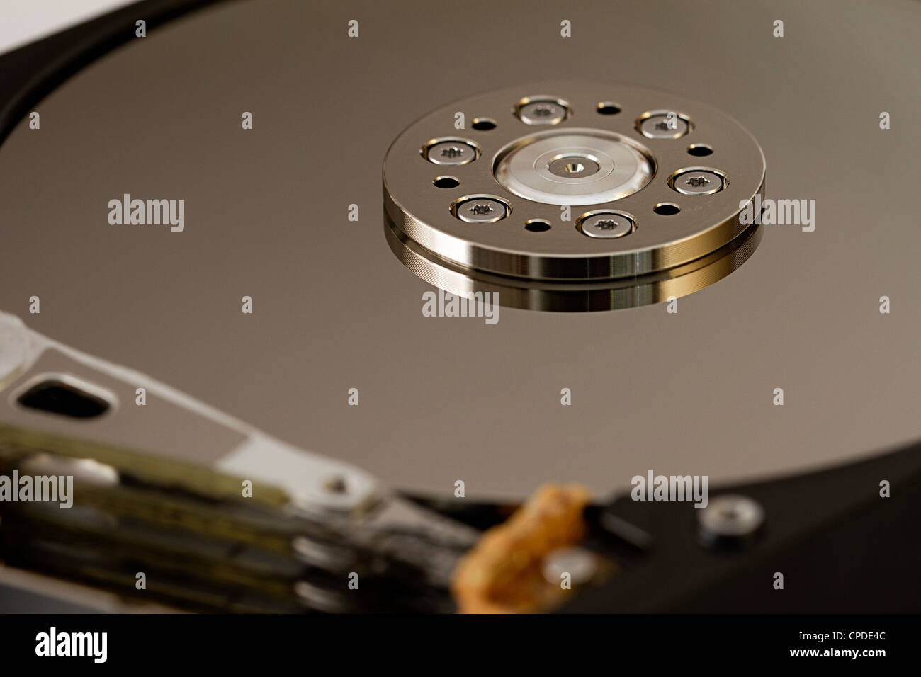 platter of open hard disk drive revealed Stock Photo