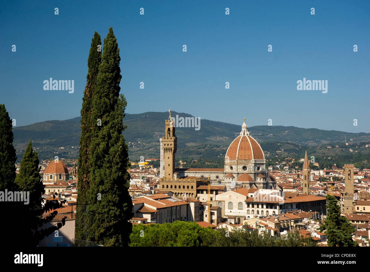 A view over teracotta rooftops to the Duomo and Campanile, Florence, UNESCO World Heritage Site, Tuscany, Italy, Europe Stock Photo