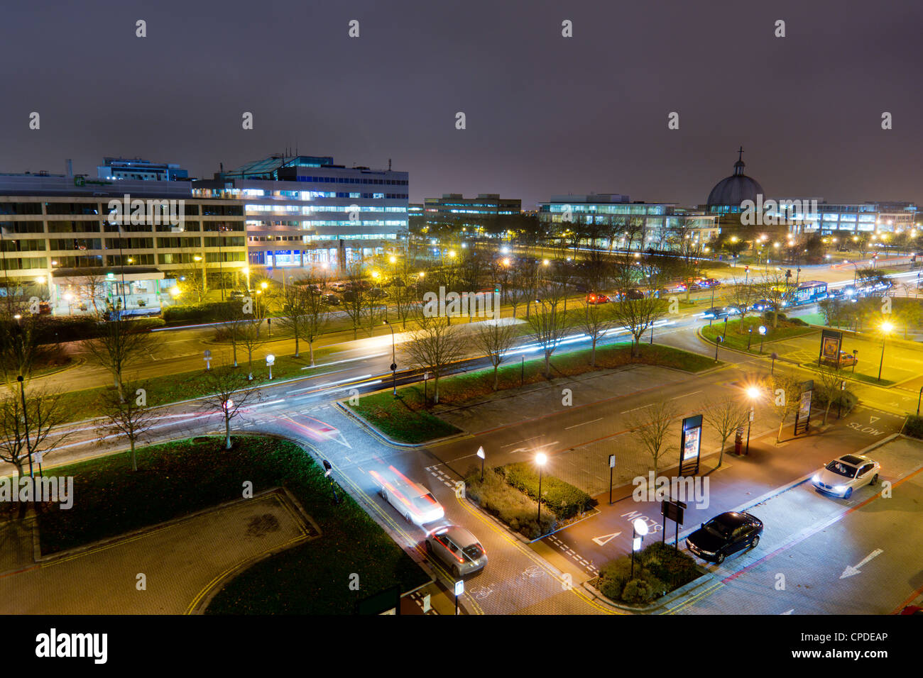 Town at dusk, Milton Keynes, Buckinghamshire, England, United Kingdom, Europe Stock Photo