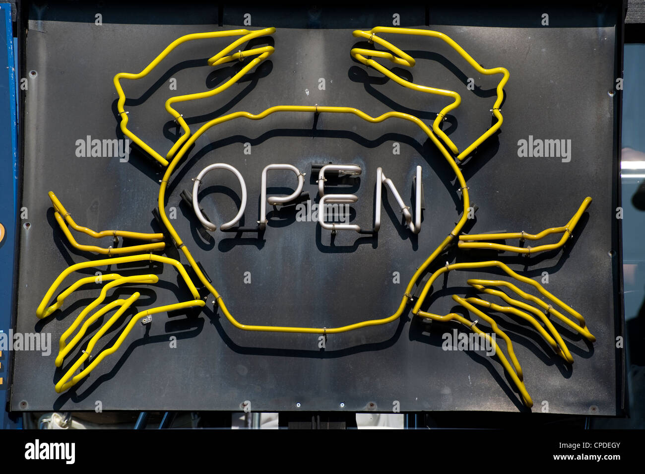 crab shaped open neon sign Stock Photo