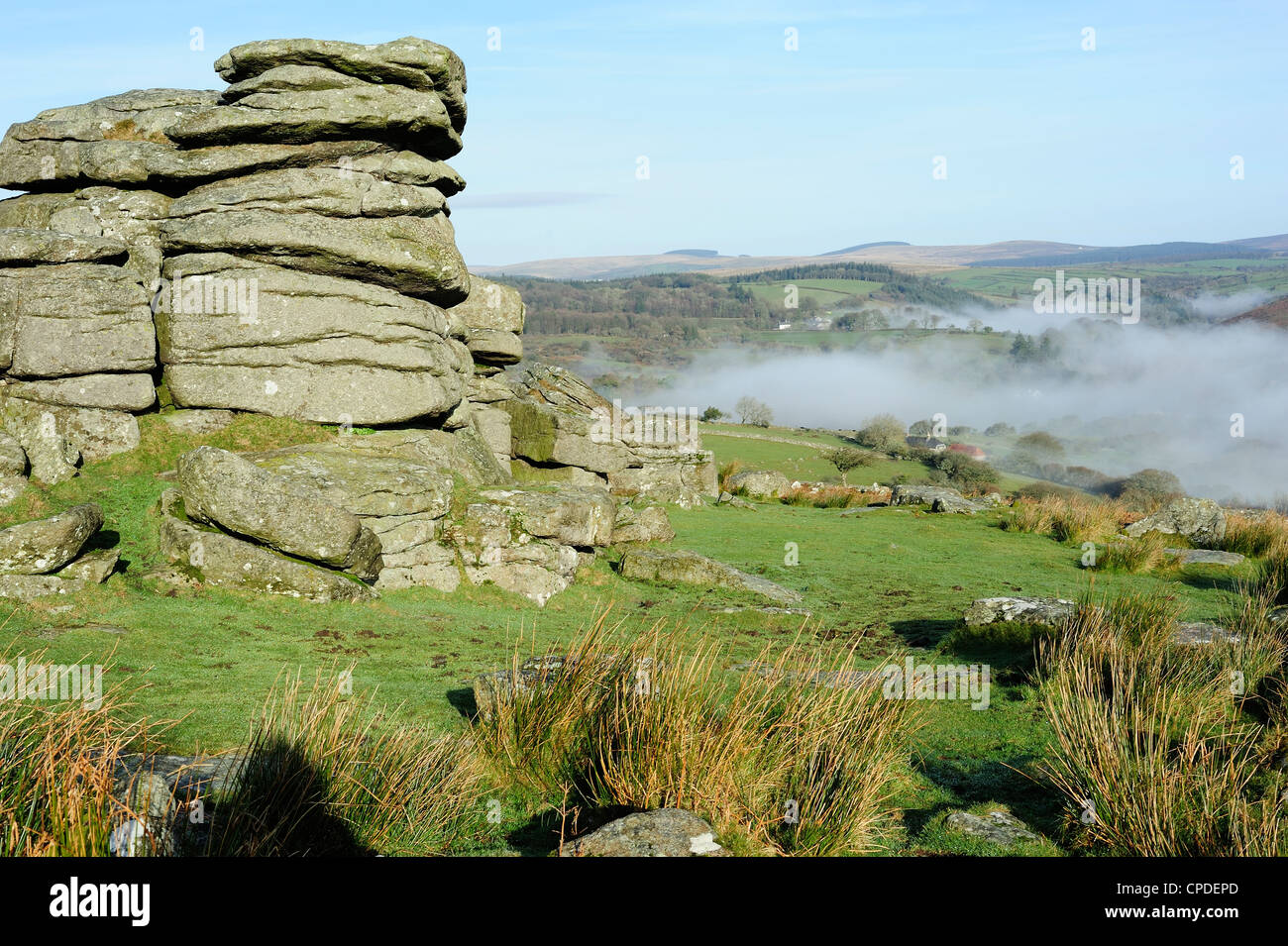 Combs Tor and morning fog, in the area where the film War Horse was