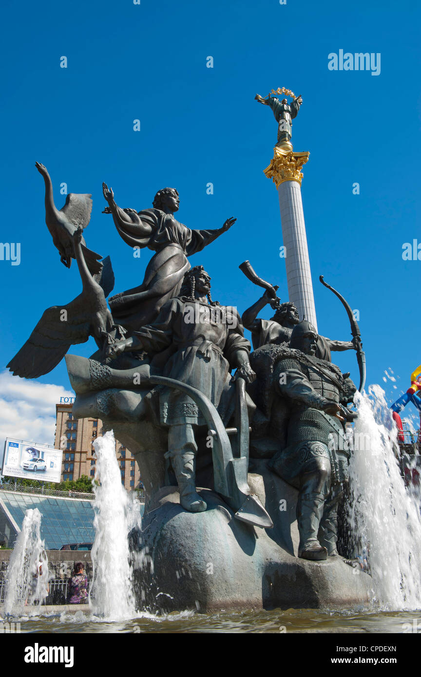 Monument to the founders of Kiev, Independence Square, Kiev, Ukraine, Europe Stock Photo