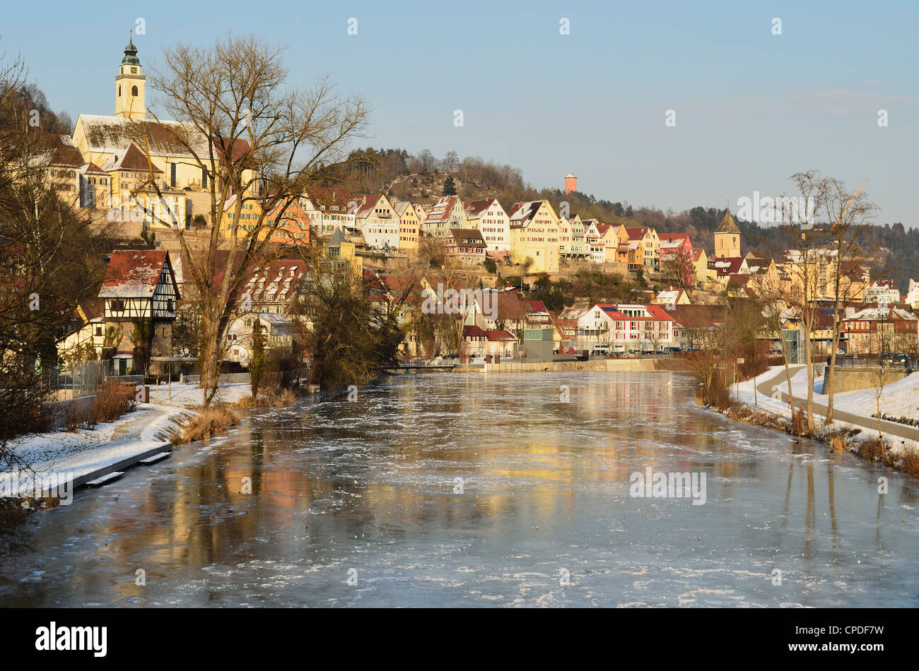 Old town of Horb and the frozen River Neckar, Neckartal (Neckar Valley), Baden-Wurttemberg, Germany, Europe Stock Photo