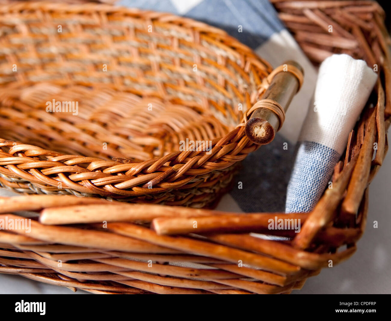 Brown wicker basket with a blue gingham cloth for table appointments ...
