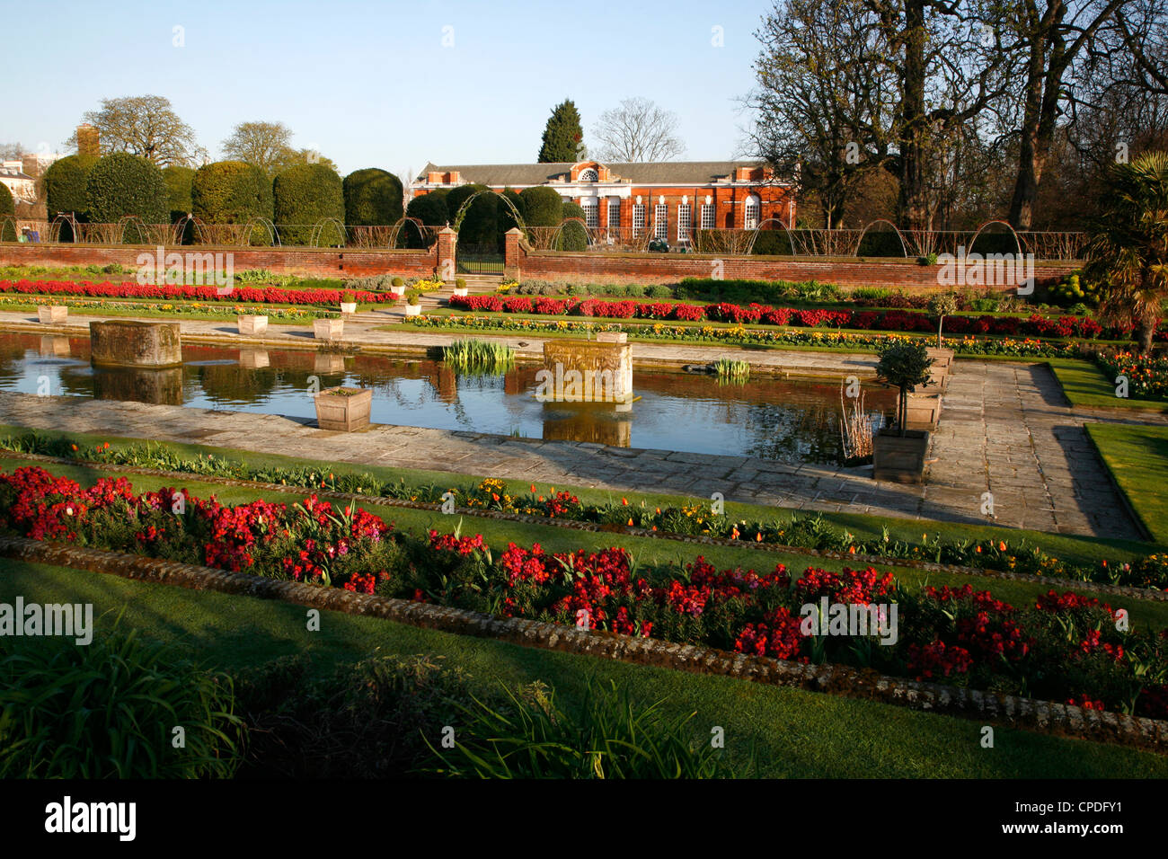 View across the Sunken Garden to the Orangery, Kensington Gardens, London, UK Stock Photo