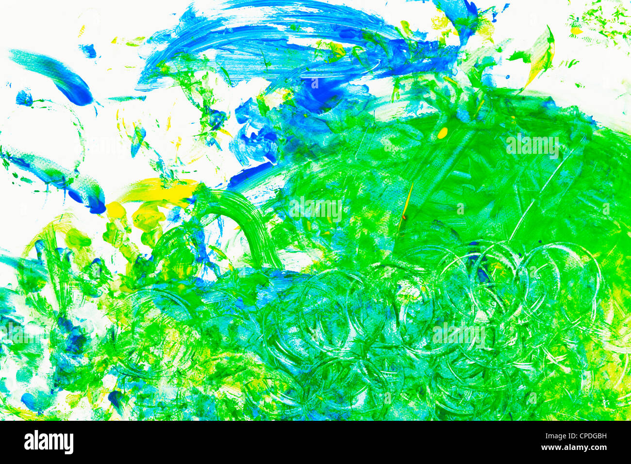 Harmonic and dynamic watercolor drawing in blue and green tones drawn by children Stock Photo