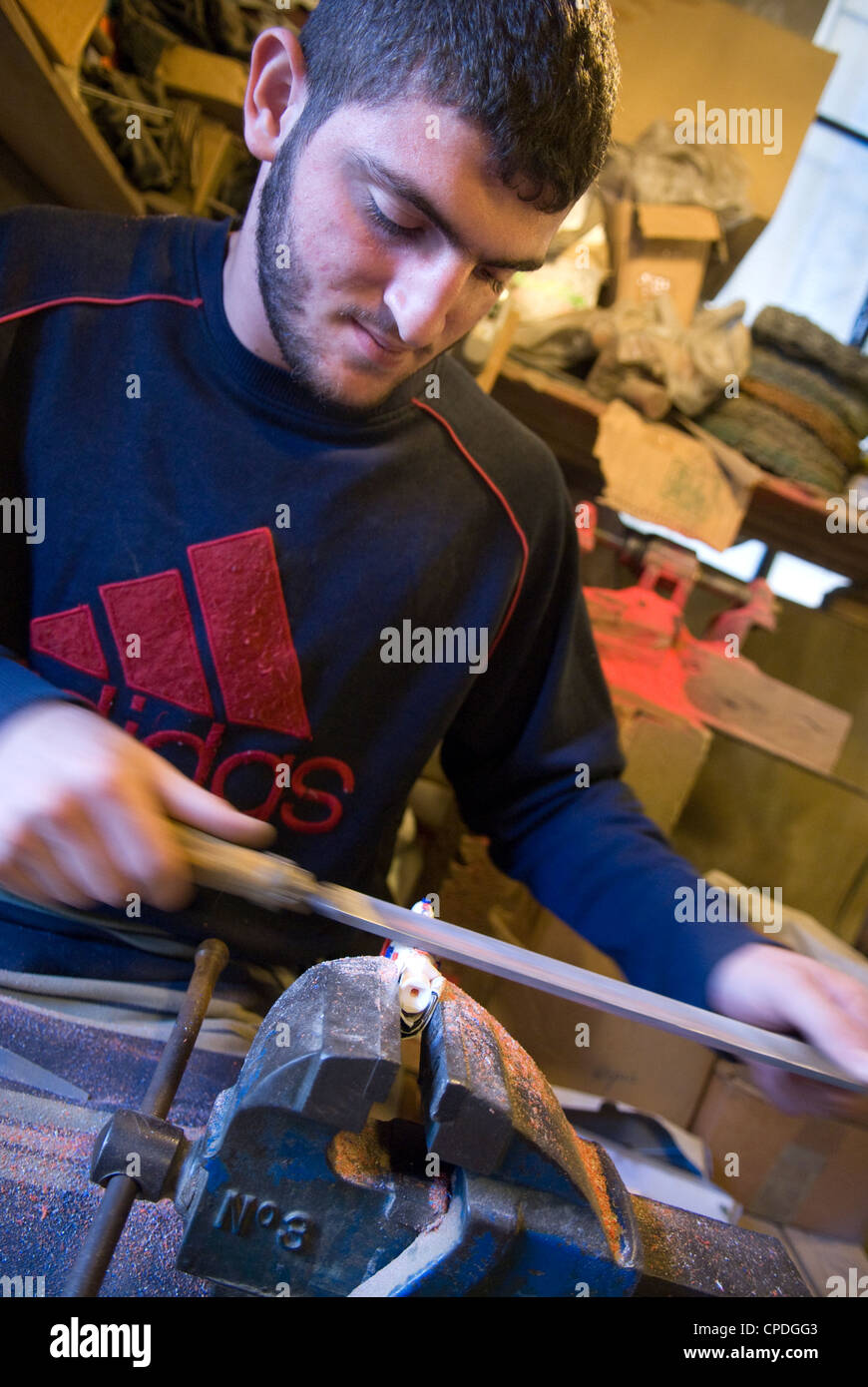 Artisan making cutlery in workshop in Jezzine; a speciality of the town, Jezzine, Lebanon. Stock Photo