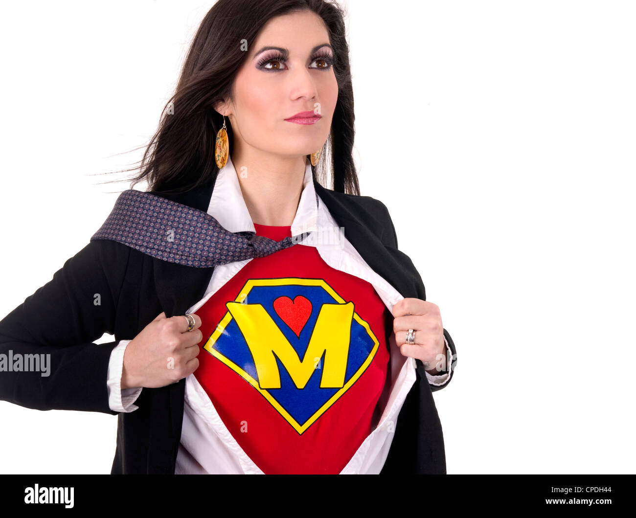 A Woman shows her Super Mother Uniform underneath her street clothes Stock Photo
