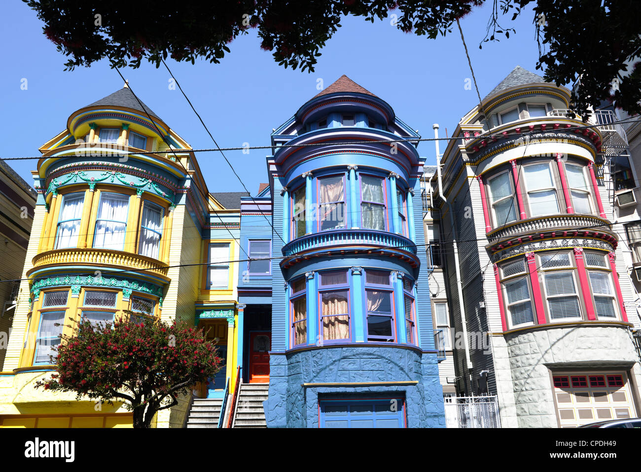 Colourfully painted Victorian houses in the Haight-Ashbury district of San Francisco, California, USA Stock Photo
