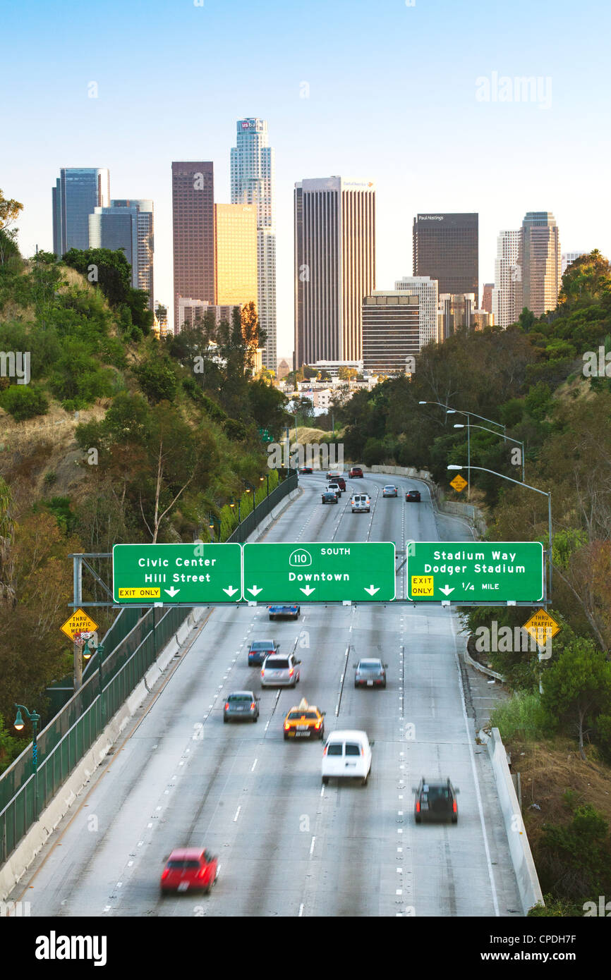 Pasadena Freeway (CA Highway 110) leading to Downtown Los Angeles, California, United States of America, North America Stock Photo