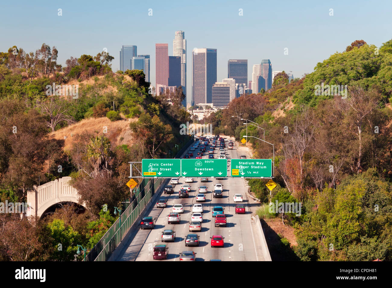 Pasadena Freeway (CA Highway 110) leading to Downtown Los Angeles, California, United States of America, North America Stock Photo