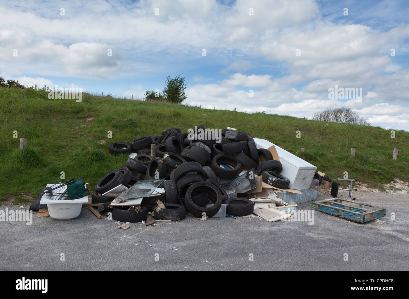 Fly-Tipped rubbish at a beauty spot in East Sussex, England, UK Stock Photo