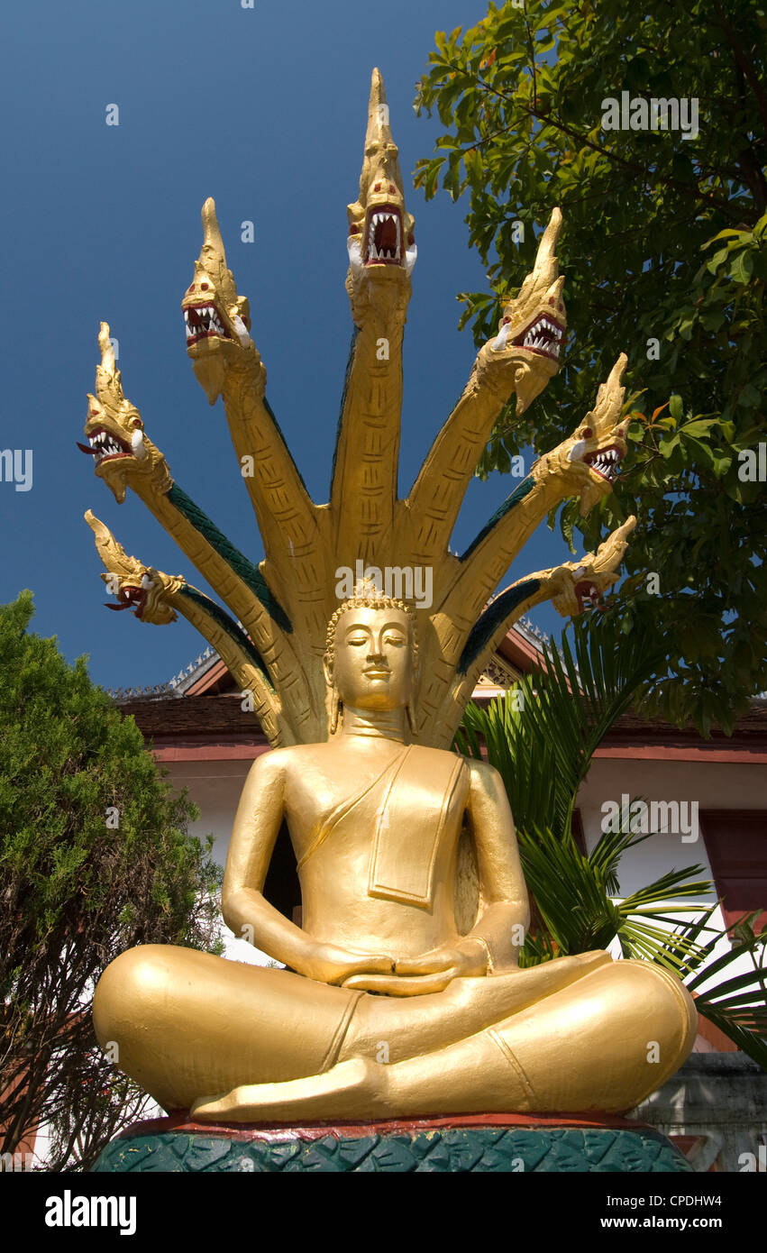 Sitting Buddha with naga heads, Wat Mai Complex, Luang Prabang, Laos, Indochina, Southeast Asia, Asia Stock Photo