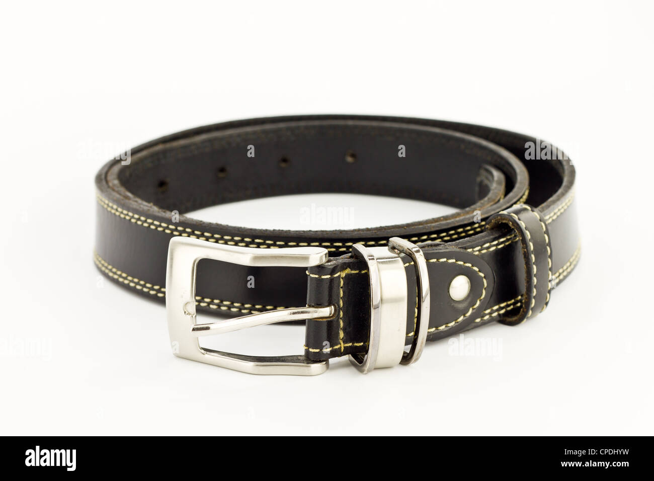 Black leather belt isolated on white background Stock Photo - Alamy