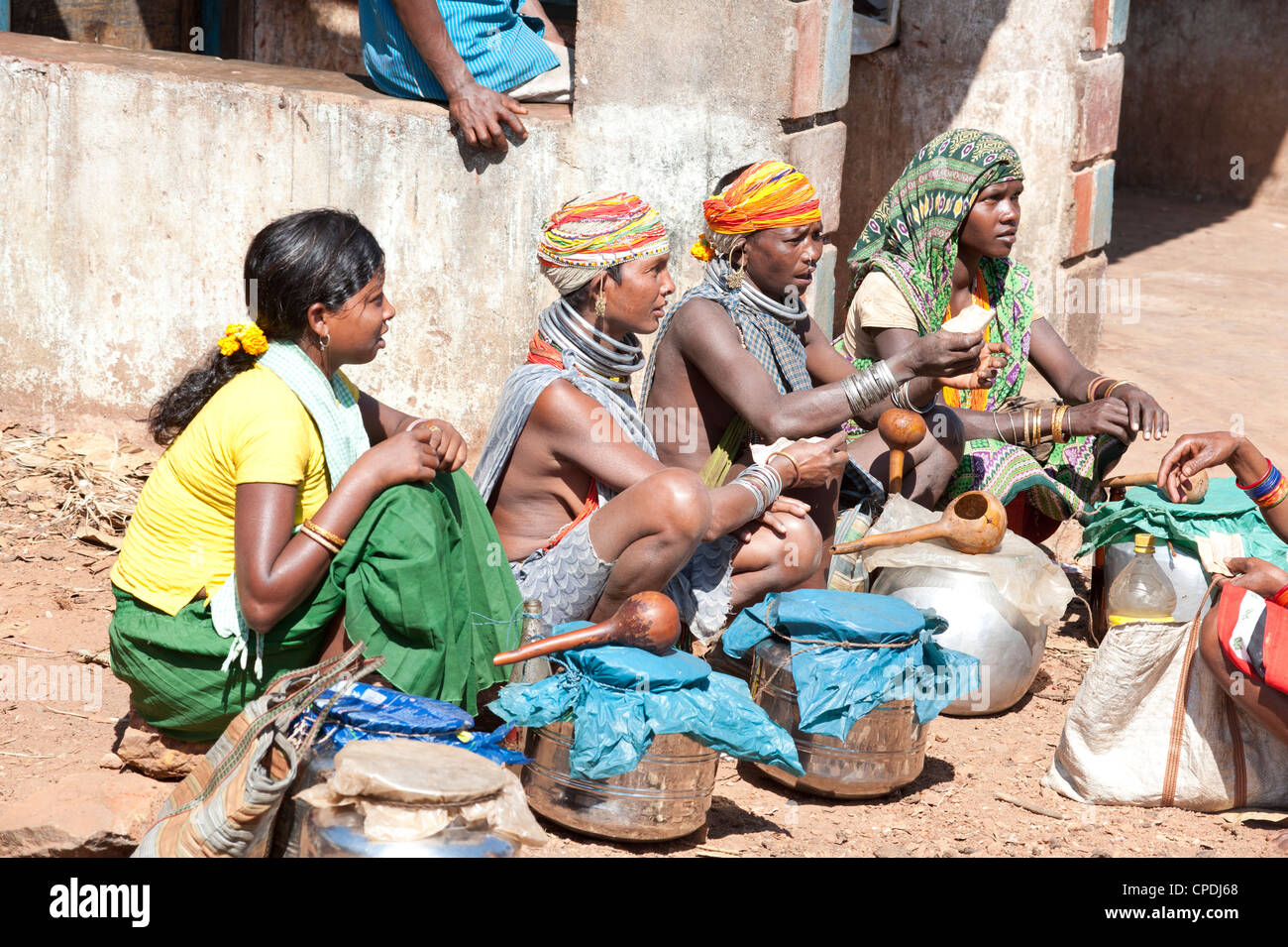 Bonda tribeswomen wearing traditional beaded caps, Rayagader, Orissa, India Stock Photo