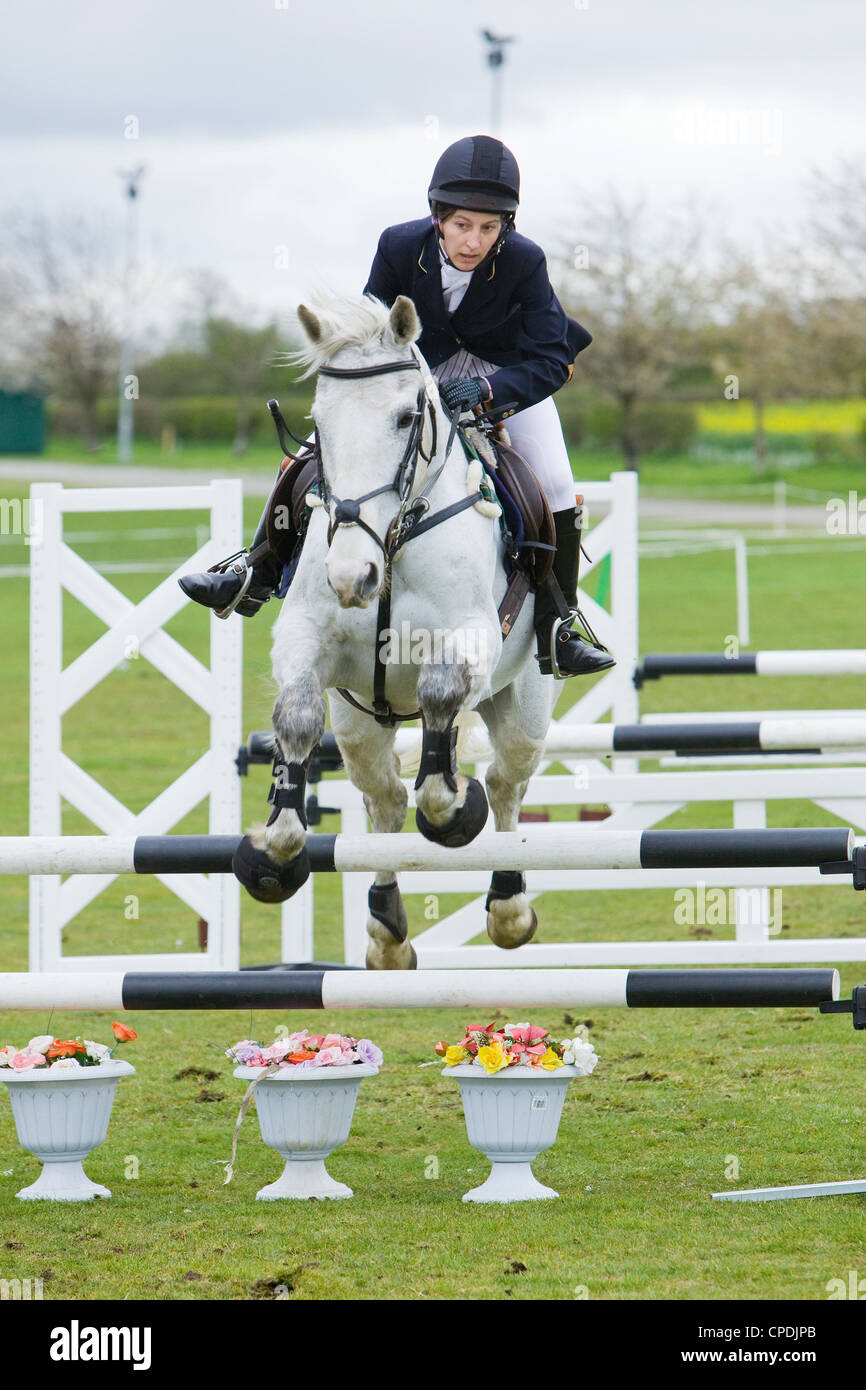 A horse and rider competing in a show jumping event held outside on a ...