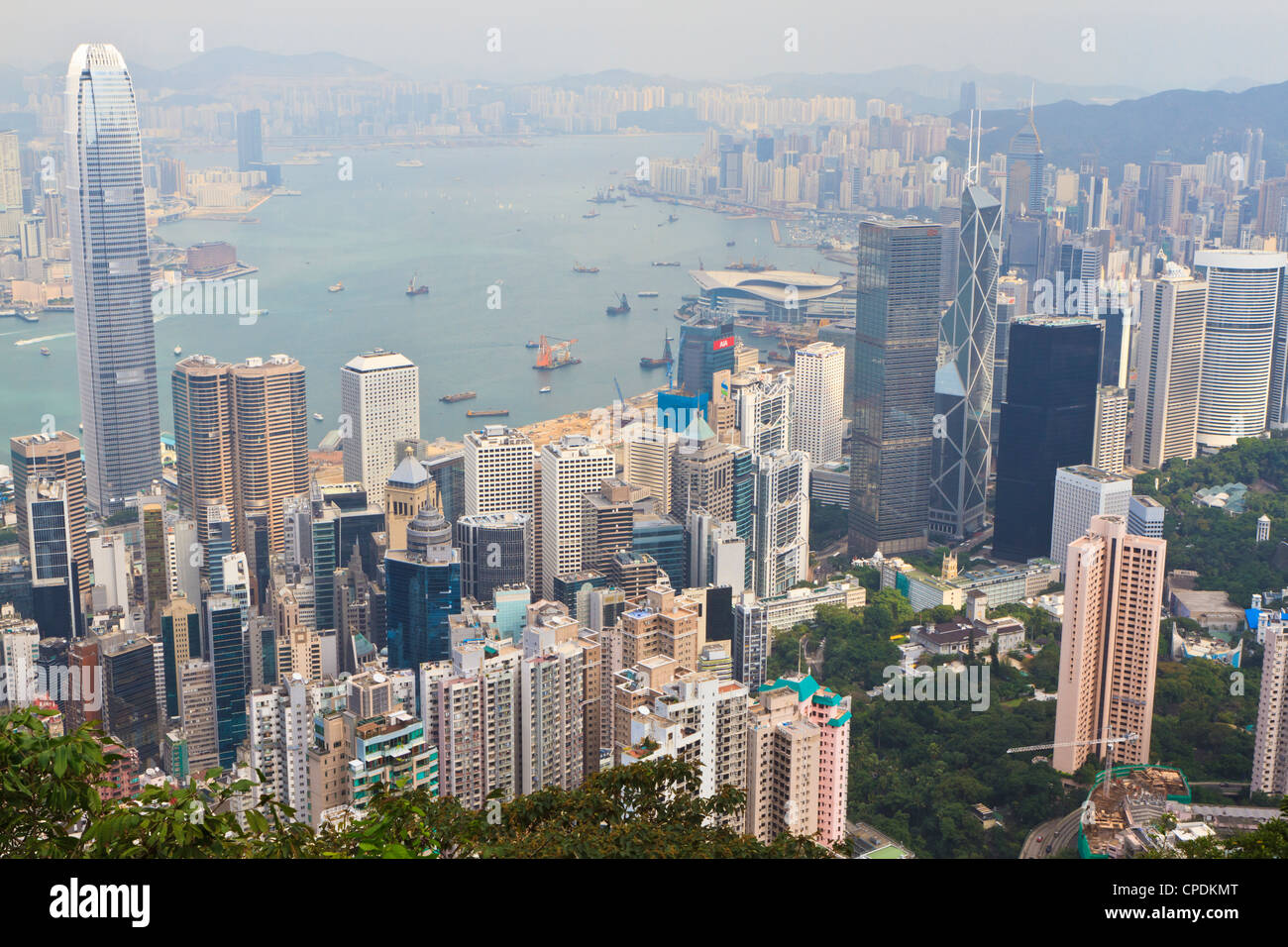 High view of the Hong Kong Island skyline and Victoria Harbour from Victoria Peak, Hong Kong, China, Asia Stock Photo