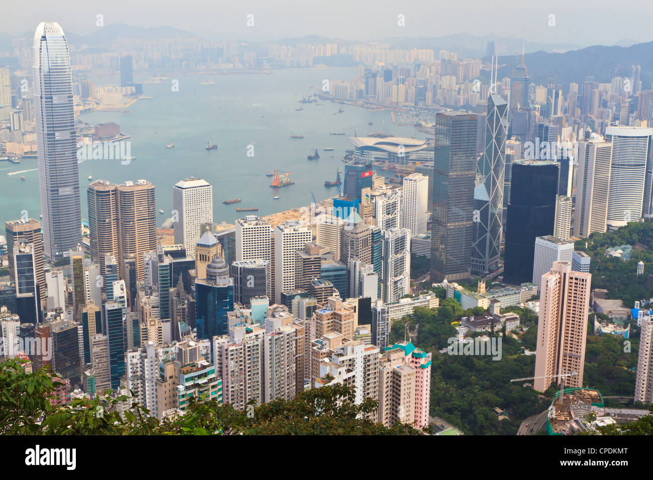 High view of the Hong Kong Island skyline and Victoria Harbour from