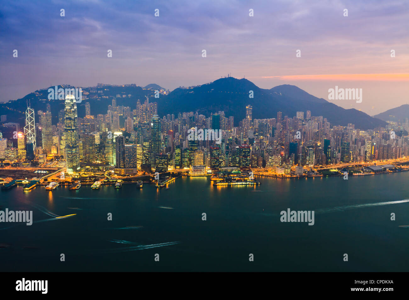Cityscape of Hong Kong Island skyline at sunset, Hong Kong, China, Asia Stock Photo