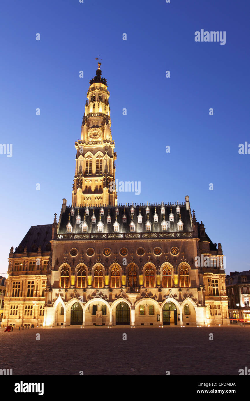 Gothic Town Hall (Hotel de Ville) and Belfry tower, Petite Place (Place des Heros), Arras, Nord-Pas de Calais, France, Europe Stock Photo