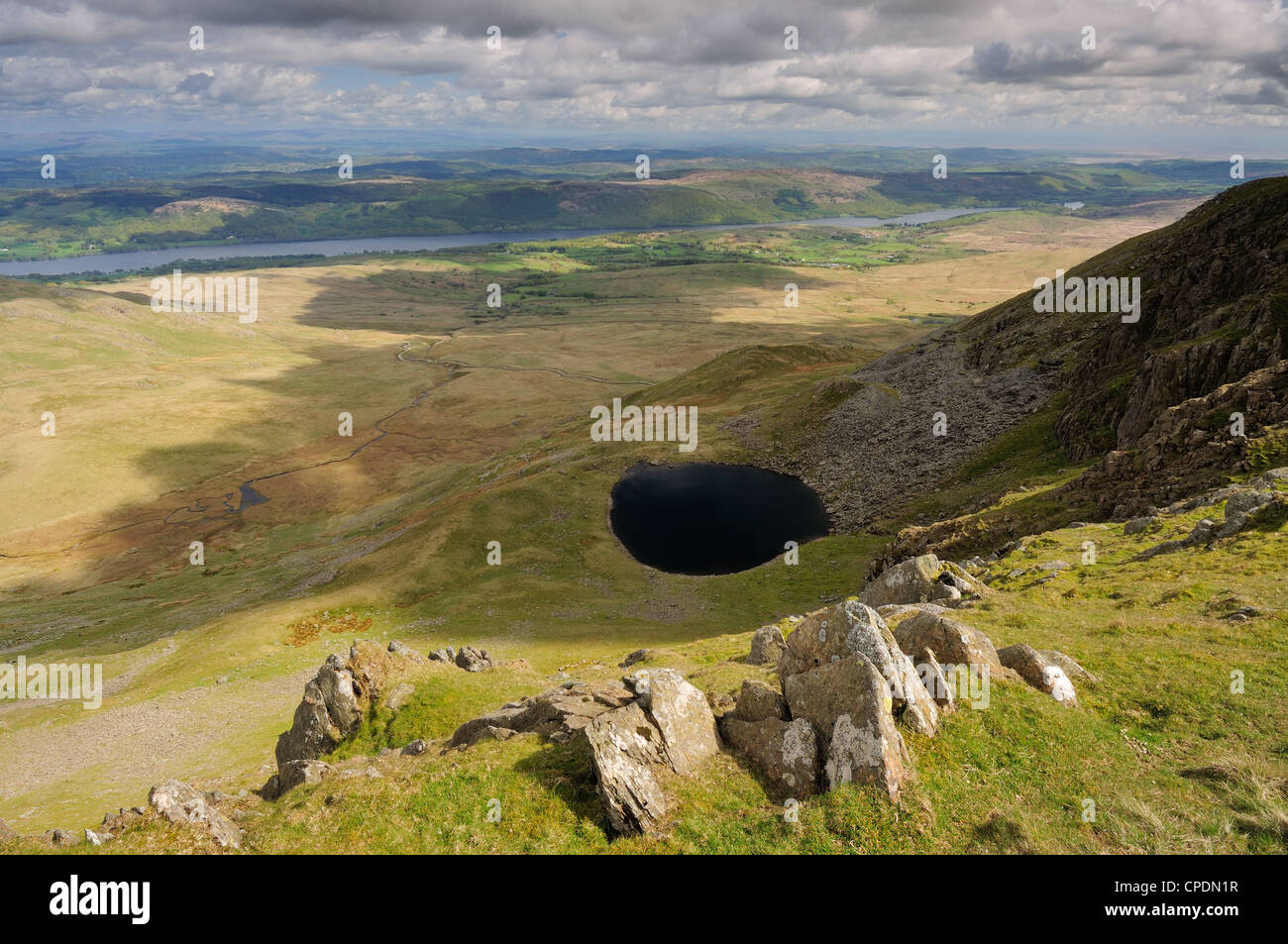 View over Blind Tarn towards Coniston Water in the English Lake District Stock Photo