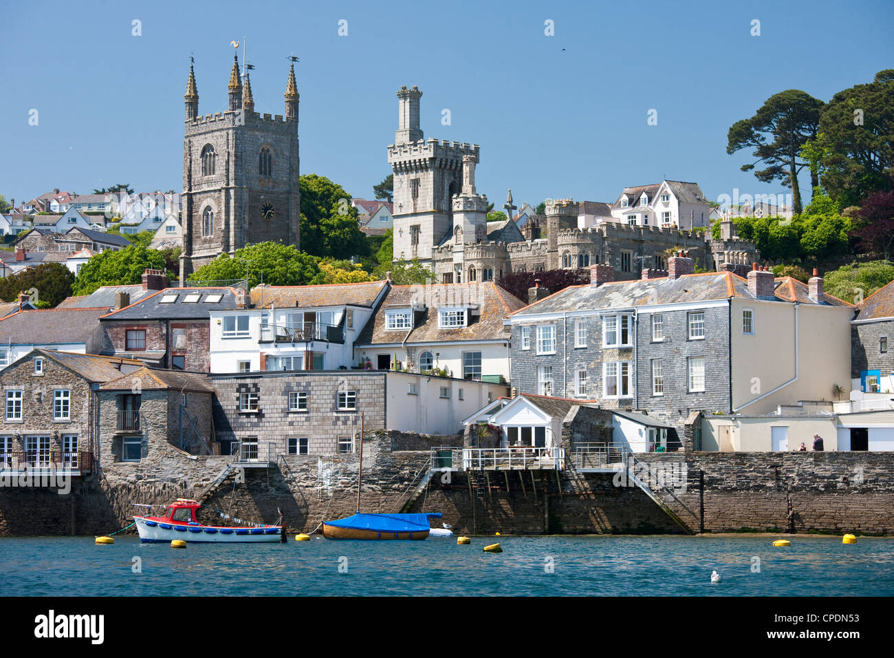 The town of Fowey, seen from the River Fowey in Cornwall, England, United Kingdom, Europe Stock Photo