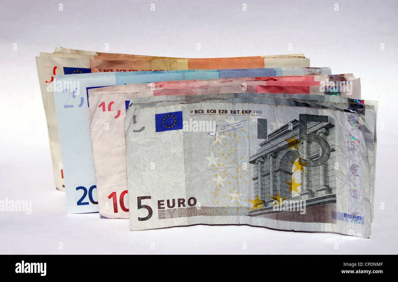 Euro notes in order of denomination standing vertically Stock Photo