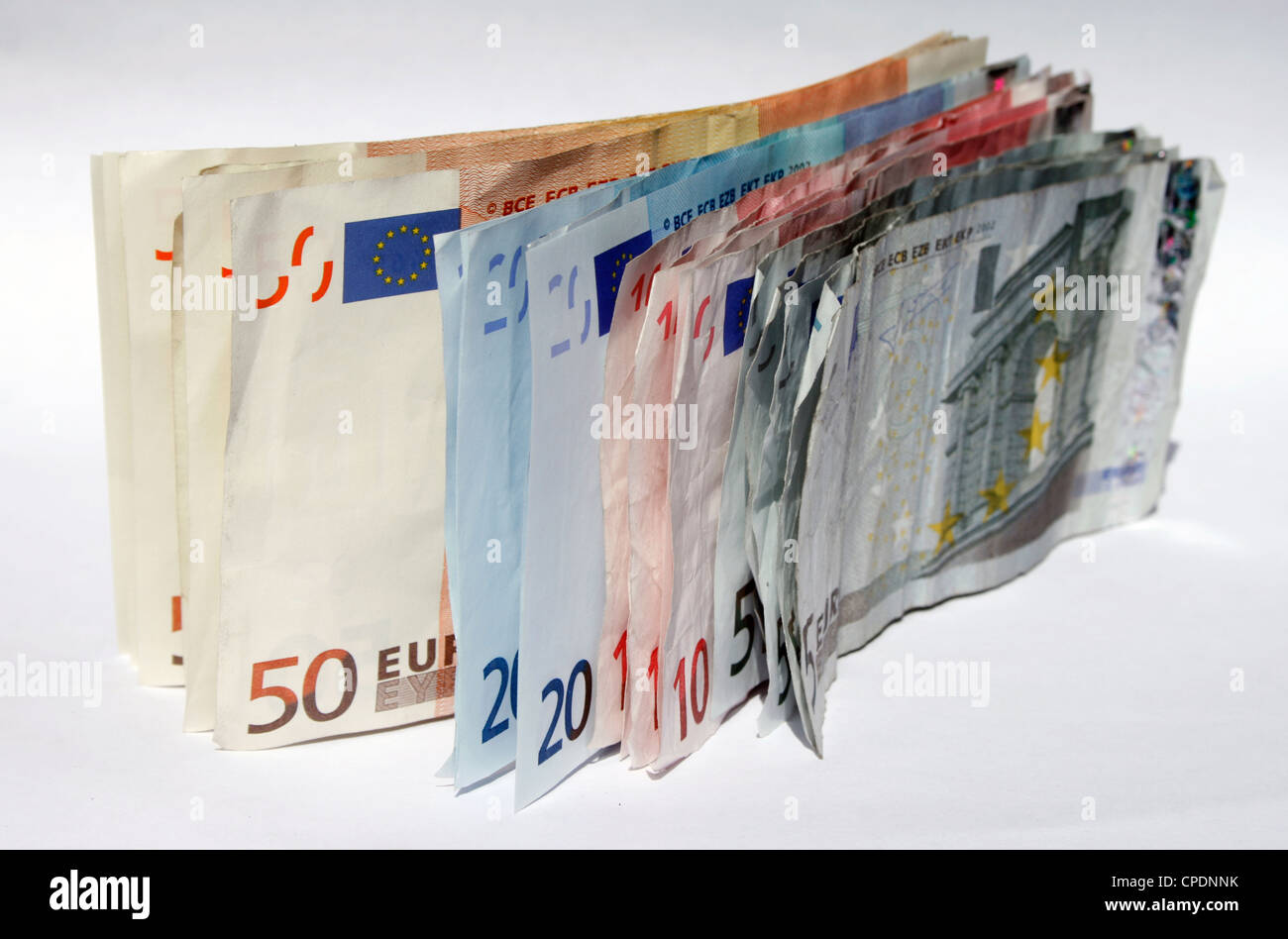 vertical stack of euro notes, a variety of denominations Stock Photo
