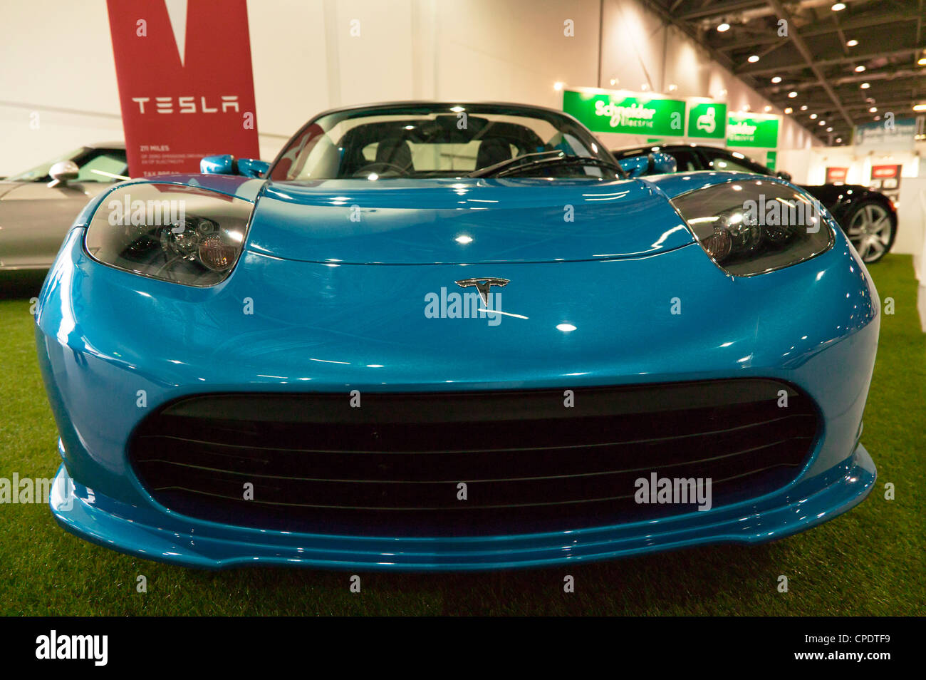 Front view Tesler Roadster, on display at ecovelocity, Excel, London Stock Photo