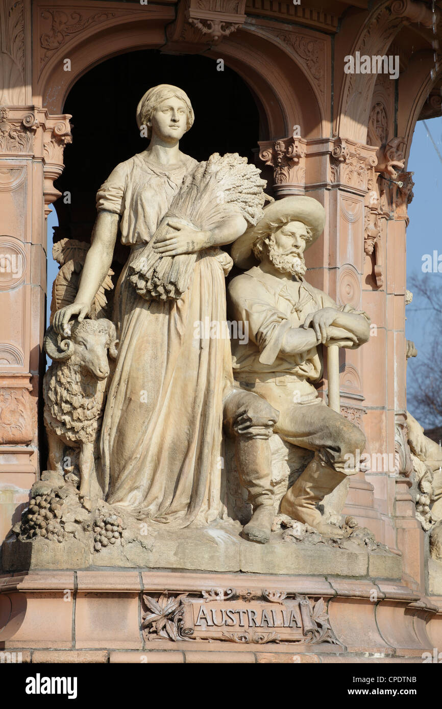 Detail of the Doulton Terracotta Fountain at Glasgow Green public park showing figures representing Australia, Glasgow, Scotland, UK Stock Photo