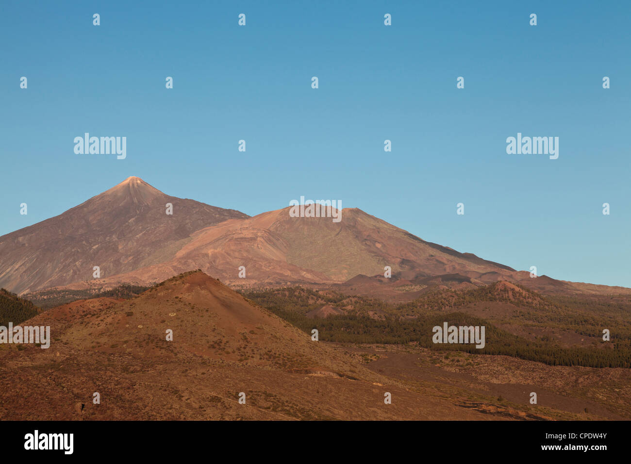 Tenerife's volcano, Pico del Teide on left, Pico Viejo, below center, and Montana Bilma bottom left, Stock Photo