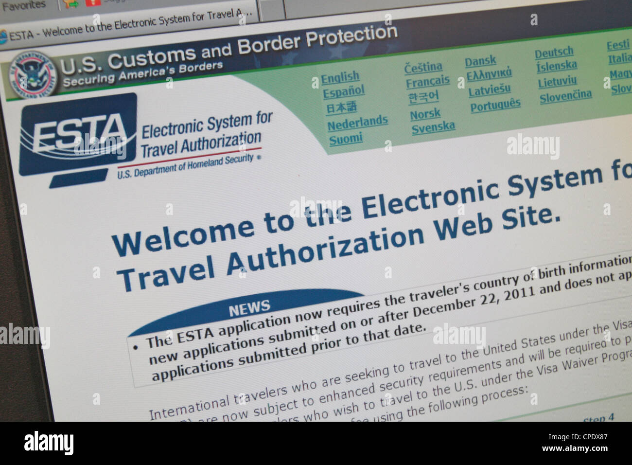 Screen shot of the Electronic System for Travel Authorisation (ESTA) for those applying for a visa to enter the United States. Stock Photo