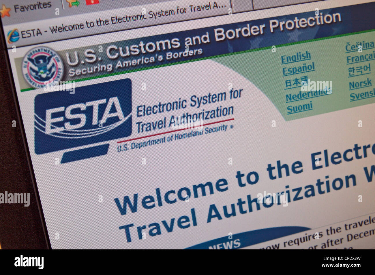Screen shot of the Electronic System for Travel Authorisation (ESTA) for those applying for a visa to enter the United States. Stock Photo