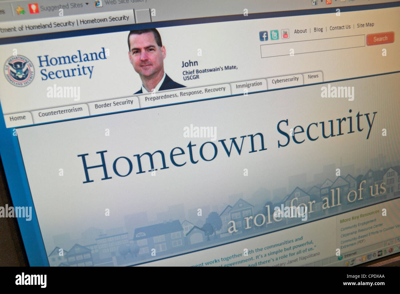 Screen shot of the department of homeland security website part of