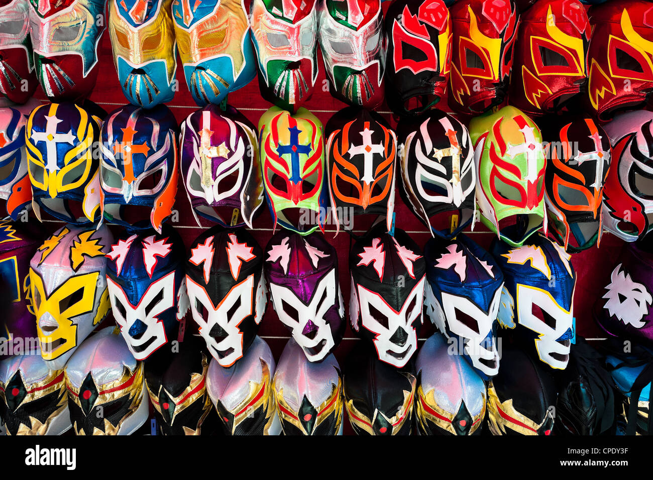 Colorful Lucha libre (Mexican wrestling) masks for sale in a street shop in Mexico City, Mexico. Stock Photo