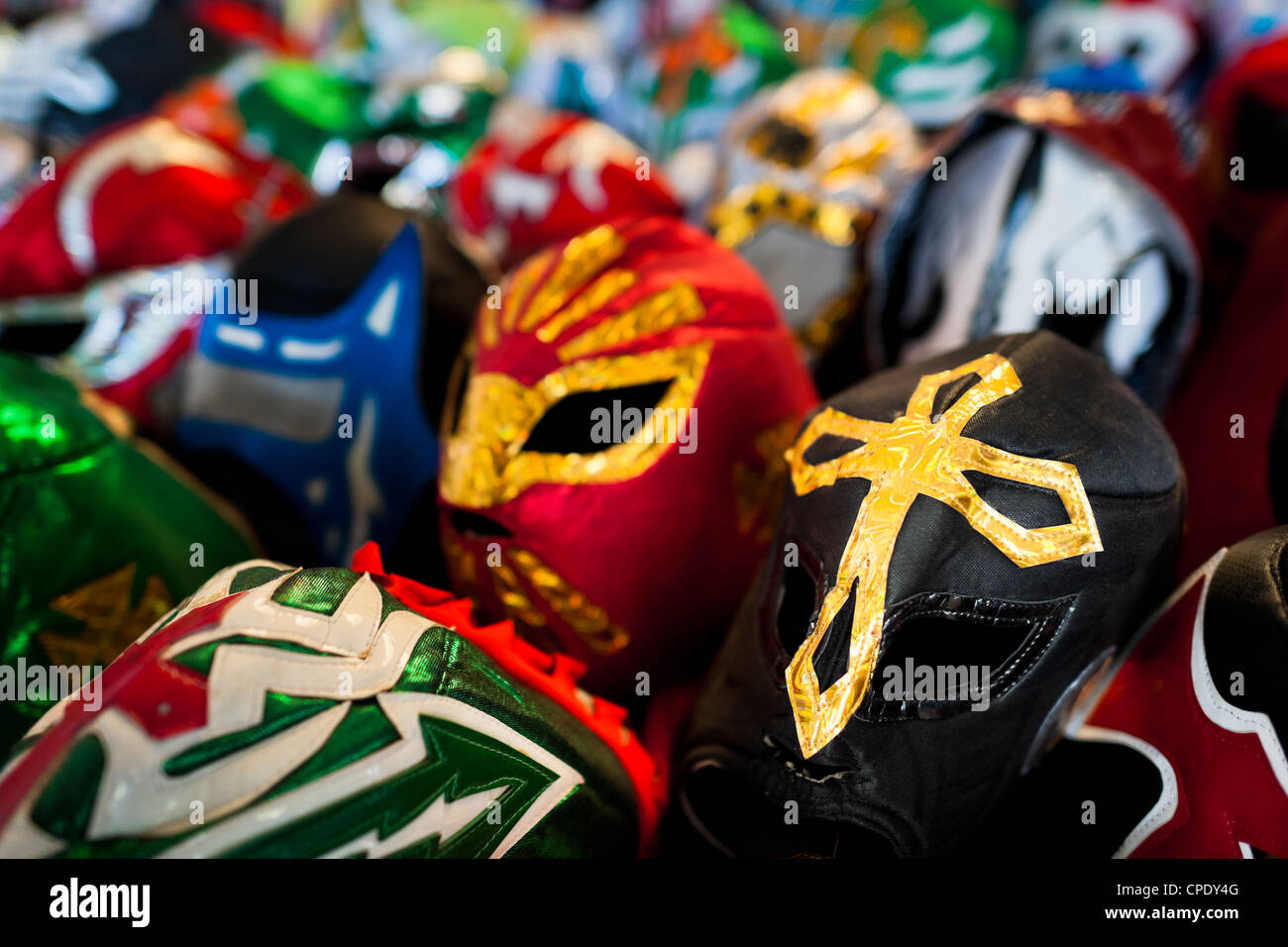 Colorful Lucha libre (Mexican wrestling) masks for sale in a street shop in Mexico City, Mexico. Stock Photo